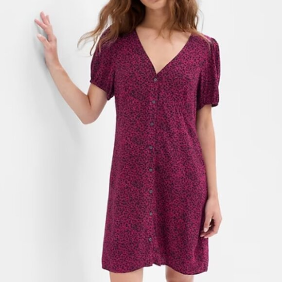 GAP Print Puff Sleeve Mini Magenta Floral Dress Size Medium - Picture 1 of 10